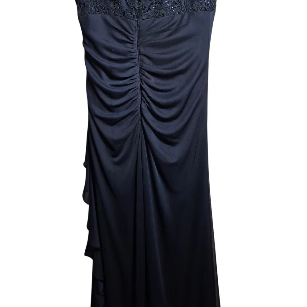 Navy Blue Formal Betsy & Adam Dress Size 6 Lace Sequin‎ Cutout Ruched Gown
